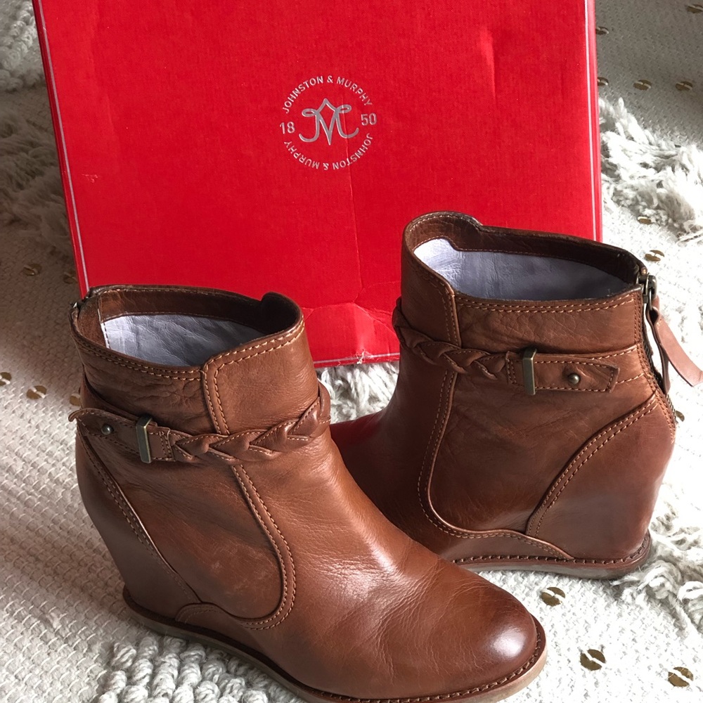 Johnston & Murphy Brown Leather Wedge Bootie